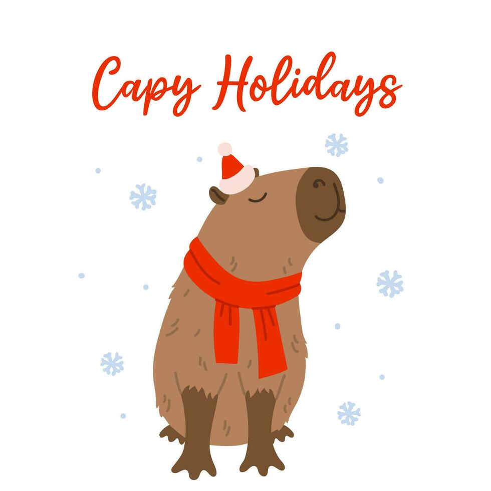 vinter- fyrkant festlig kort på vit bakgrund. kapybara, snöflingor, röd hatt, scarf och text capy högtider. hand dragen platt vektor stil. Semester säsong- dekoration.