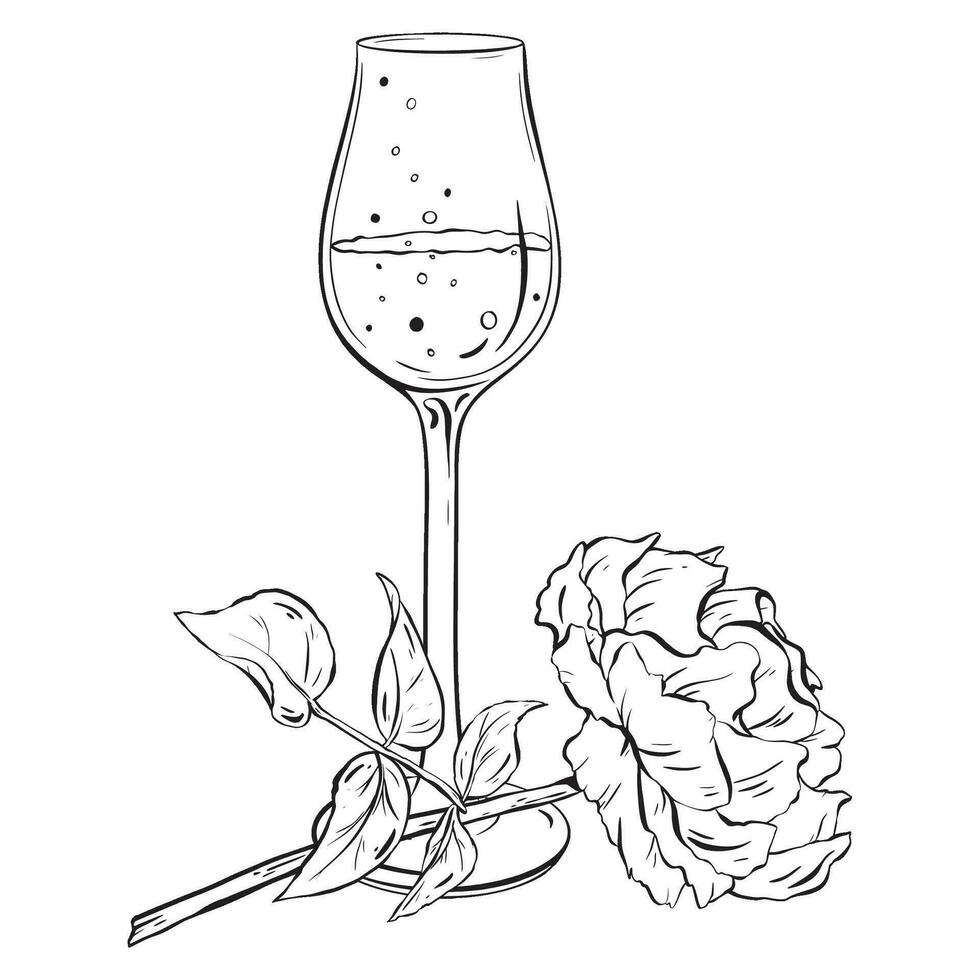 Tinte. funkelnd Wein Glas mit ein frisch öffnen Rose neben Es. Hochzeit 2024. ein zärtlich Komposition zum Karten Färbung druckt Plakate und Textil- Drucken. geeignet zum Geburtstage und Bachelorette vektor