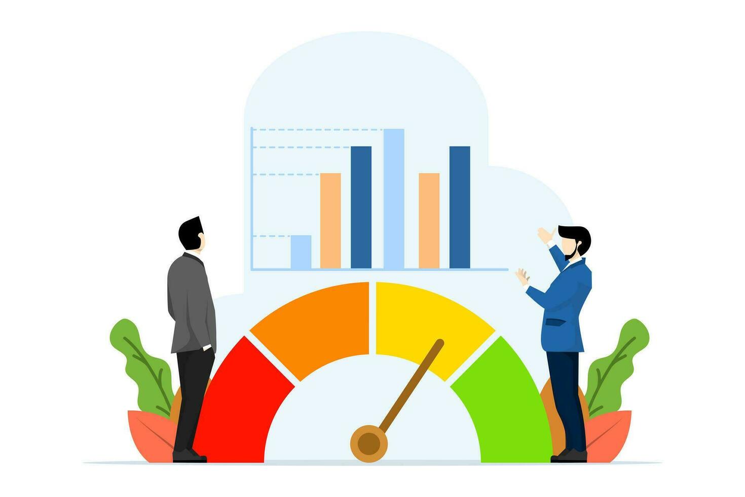 Konzept von Performance Bewertung oder Kunde Rückmeldung, Anerkennung Ergebnis oder Befriedigung Messung, Qualität Steuerung oder Verbesserung, Geschäftsmann Analysieren Geschäft Performance Indikatoren. vektor