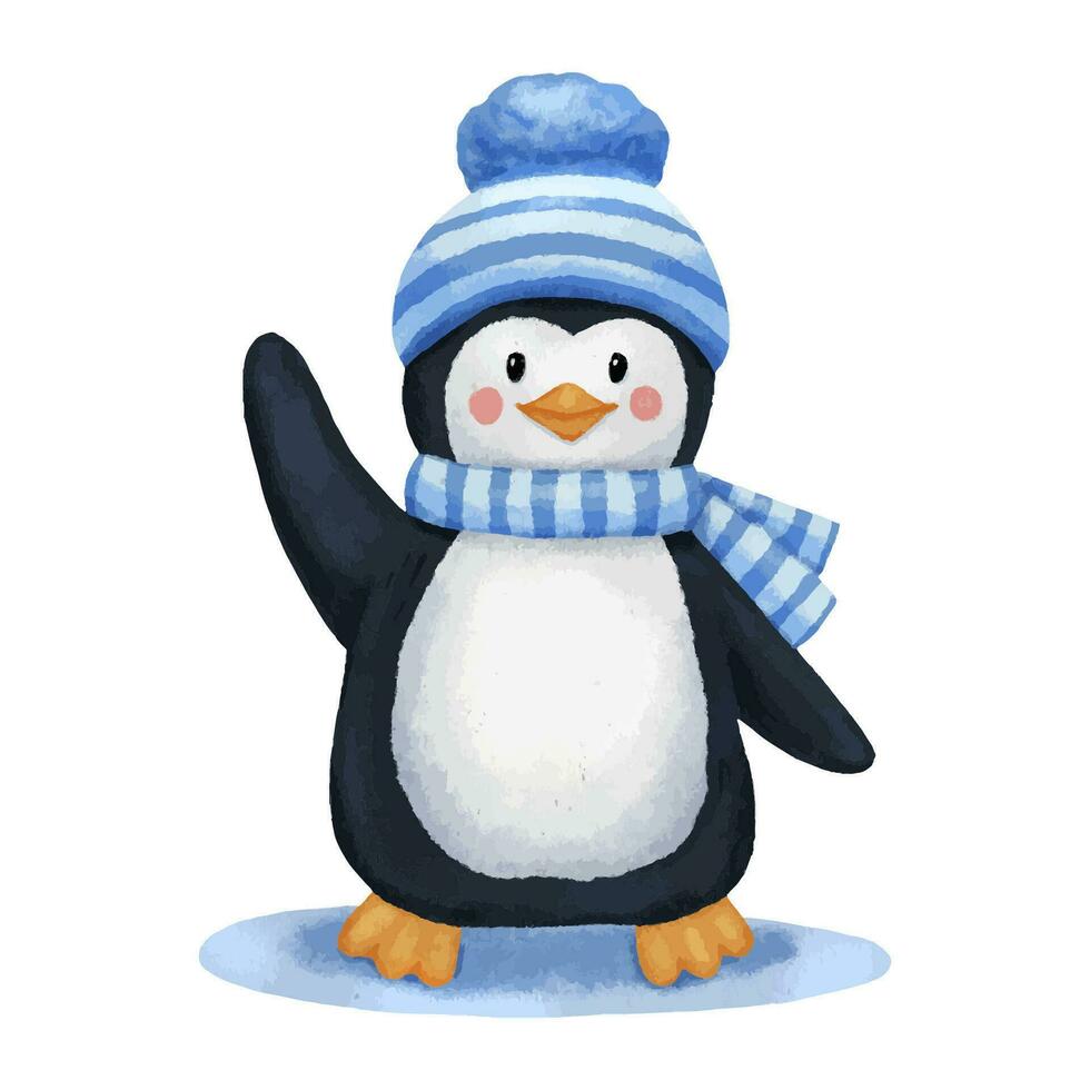 süß Pinguin im Hut und Schal Wellen Hand. kindisch Hand gezeichnet Aquarell Charakter isoliert auf Weiß Hintergrund. vektor