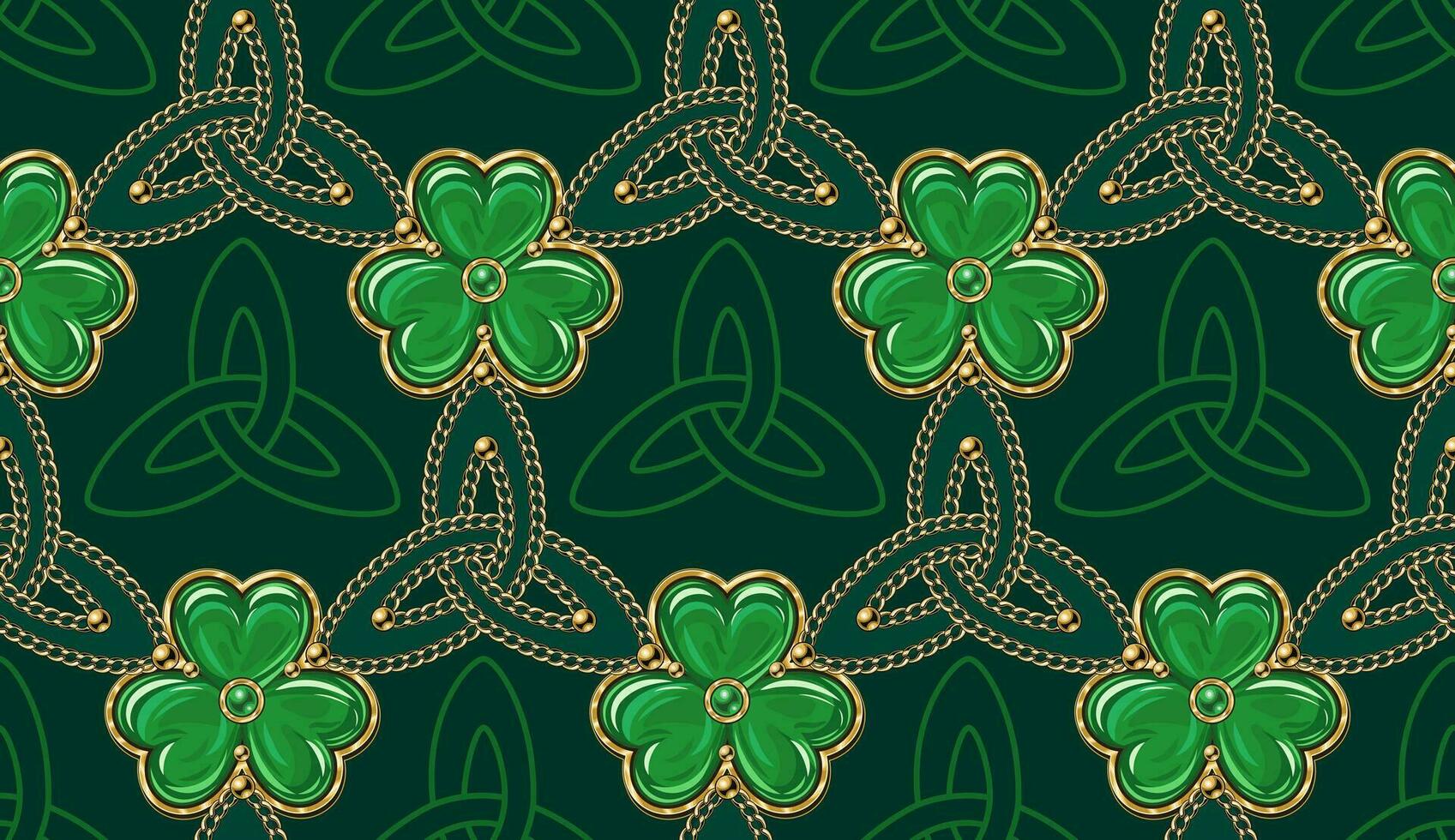 geometrisk st patricks dag mönster med celtic triskele tecken, guld kedjor, klöver, vitklöver tycka om Smycken charm tillverkad av grön emalj i gyllene ram. årgång illustration på mörk grön bakgrund vektor