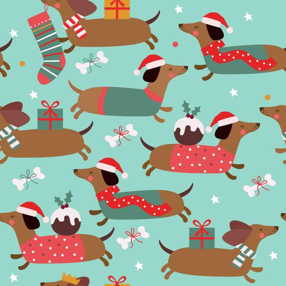 jul sömlös mönster med hundar presenterar pudding stjärnor på blå bakgrund vektor