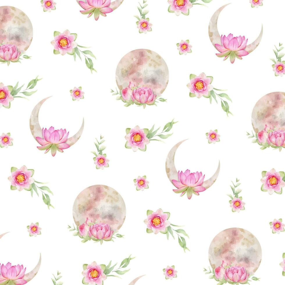 rosa lotus, sol och rosa måne. blommig måne. vattenfärg sömlös mönster. esoterisk tecken och symboler. isolerat. skriva ut för design, skriva ut, tyg eller bakgrund. vektor