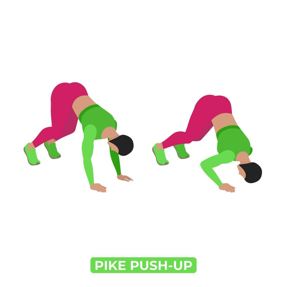 Vektor Frau tun Pike drücken hoch. Körpergewicht Fitness Schultern trainieren Übung. ein lehrreich Illustration auf ein Weiß Hintergrund.