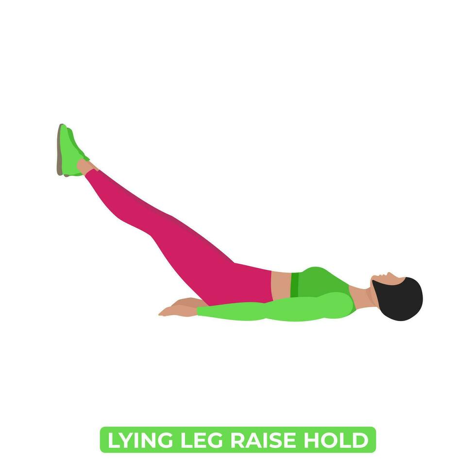 Vektor Frau tun Lügen Bein erziehen halten. Gerade Bein halten. Körpergewicht Fitness Abs und Ader statisch Übung. ein lehrreich Illustration auf ein Weiß Hintergrund.
