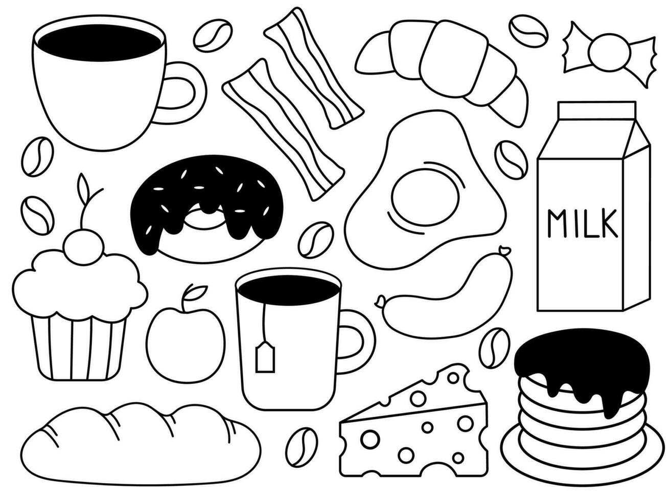 Frühstück und Morgen Symbol Satz. Gekritzel Essen und trinken. Vektor Hand gezeichnet eben Illustration.