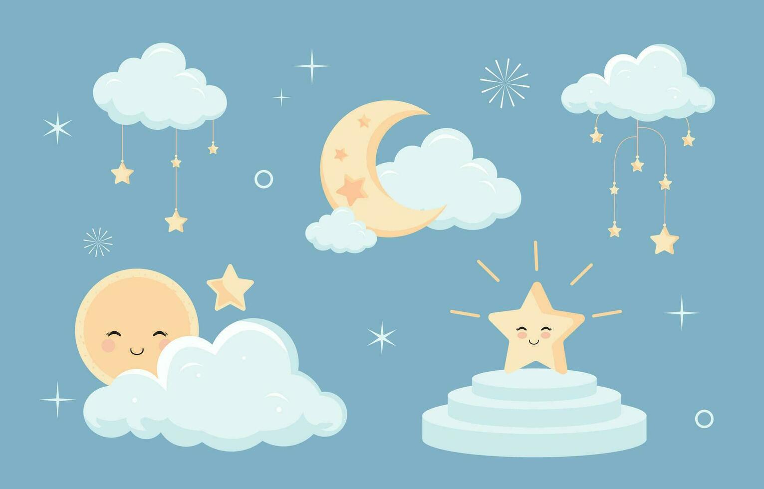 bebis dusch objekt för pojke med ballong, moln, himmel, blå stjärna vektor
