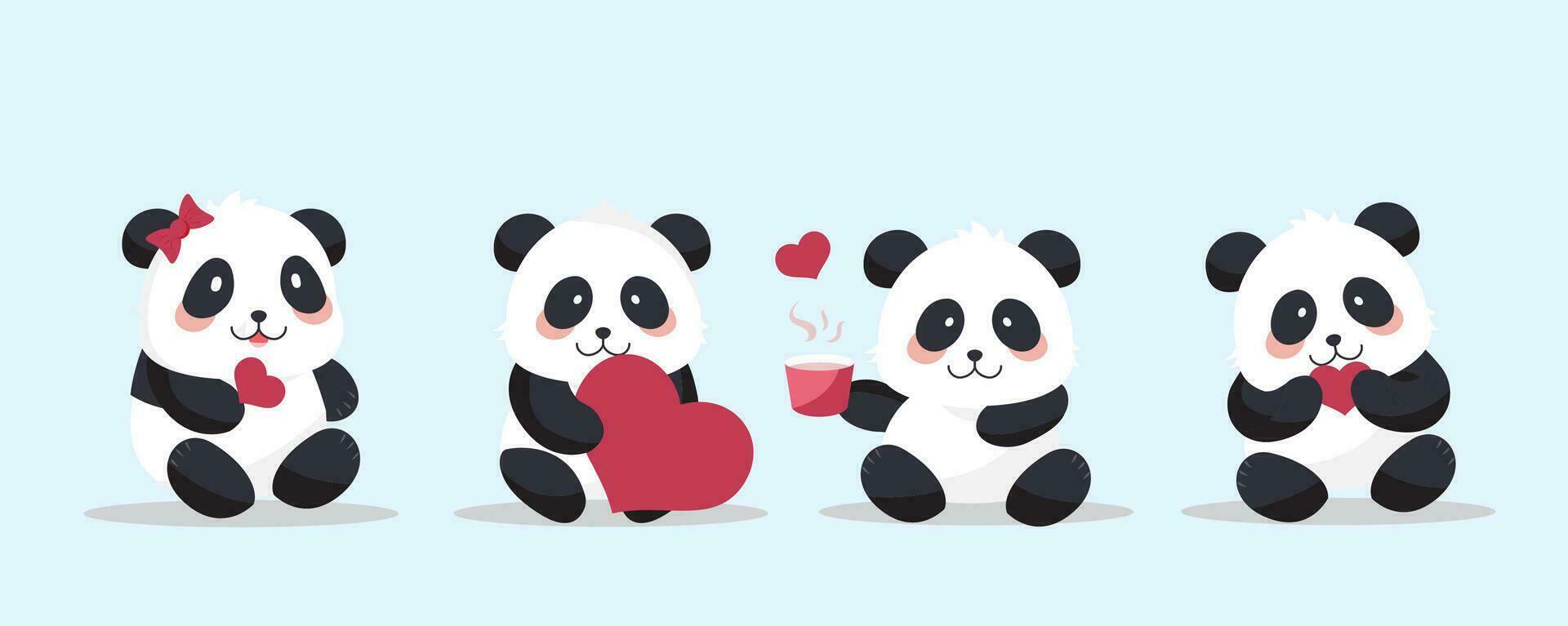 söt panda objekt uppsättning med hjärta för hjärtans dag.illustration vektor för vykort, ikon, klistermärke