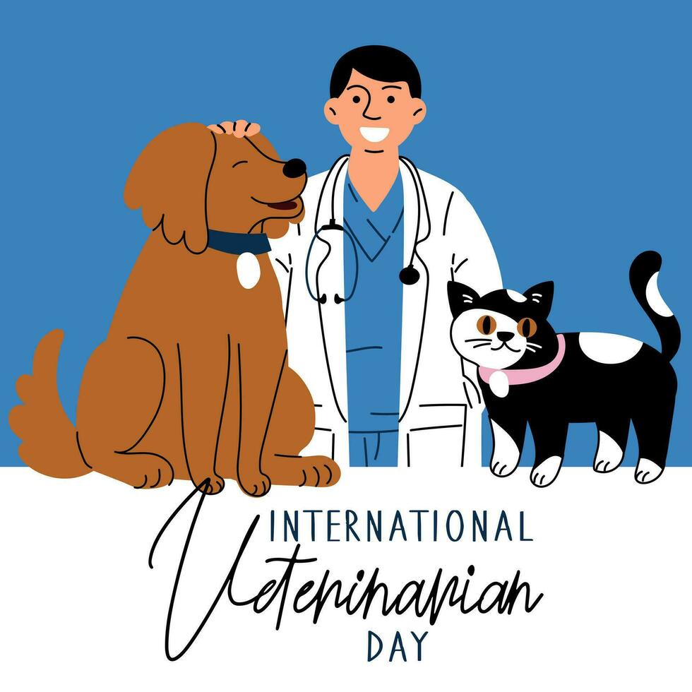 internationell veterinär dag, vektor konst illustration. en manlig läkare i en medicinsk klänning är strök en hund, en katt är närliggande. sällskapsdjur vård. ett inskrift, en baner för de Semester. mångfald av personal