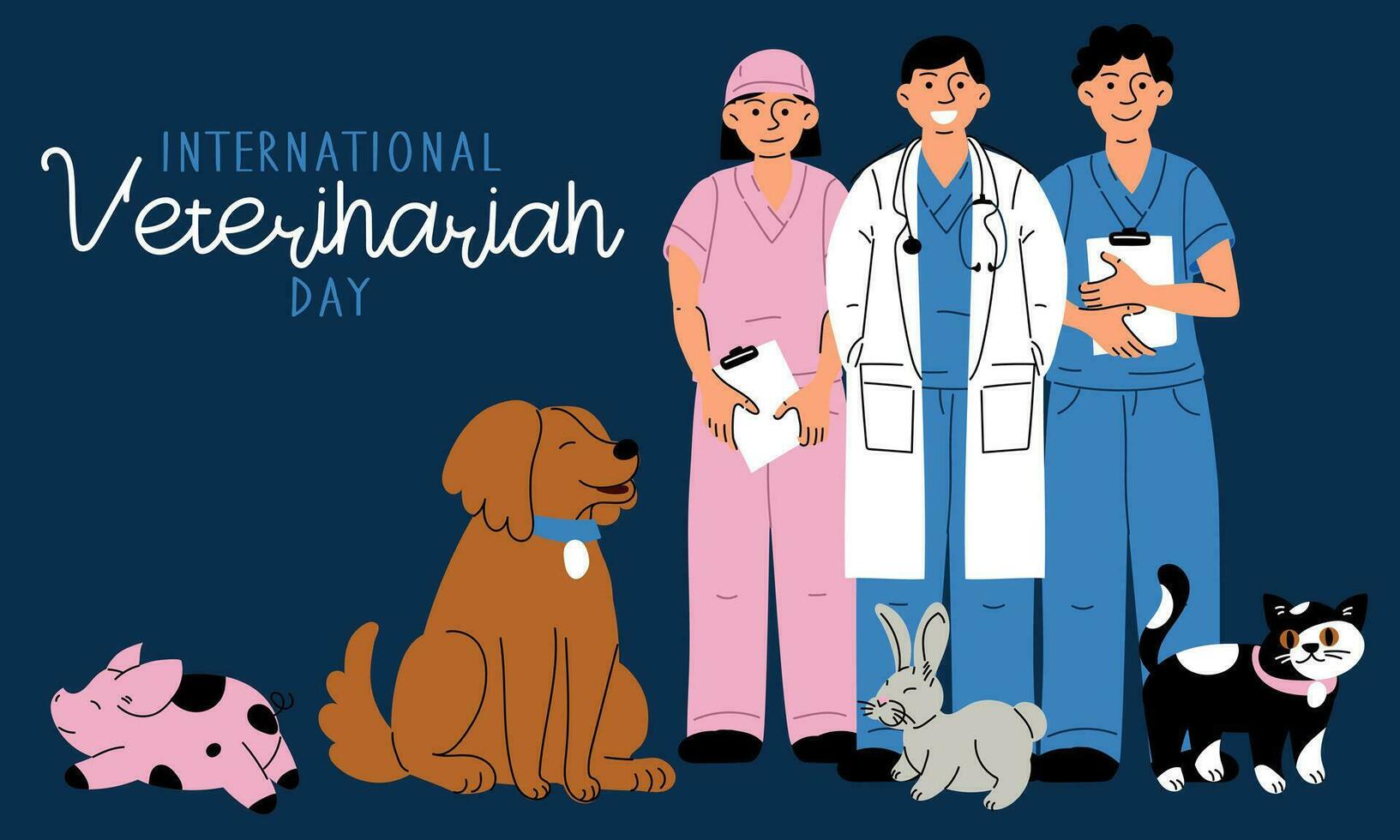 internationell veterinär dag, vektor konst illustration. människor i uniformer och medicinsk rockar. katt, gris, kanin, hund. ett inskrift, en baner för de Semester. mångfald av personal och djur