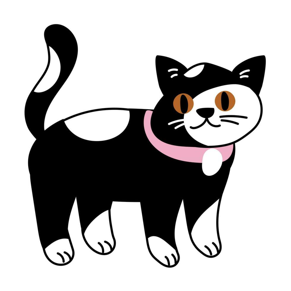Vektor süß komisch entdeckt Katze. Karikatur Katze Charakter im ein eben Stil. ein Haustier isoliert auf ein Weiß. erschrocken Ausdruck auf ihr Gesicht, ein schwarz und Weiß Katze mit ein Rosa Halsband steht und sieht aus beim Sie