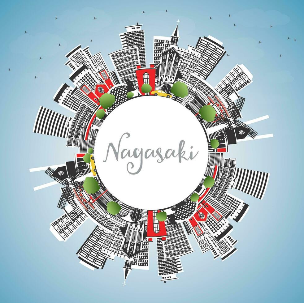 nagasaki japan stad horisont med Färg byggnader, blå himmel och kopia Plats. nagasaki stadsbild med landmärken. företag resa och turism begrepp med historisk arkitektur. vektor