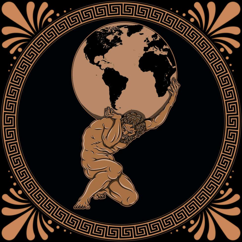 Vektor Design von Titan Atlas halten Planet Erde, uralt Griechenland Amphora Kunst, griechisch Mythologie Titan