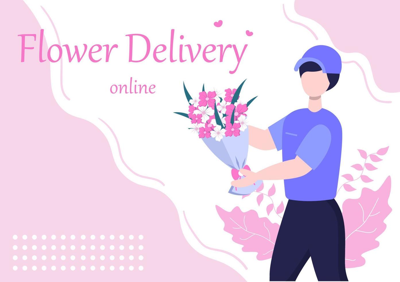 Blumenlieferservice Online-Geschäft mit Kurier, der einen Blumenstrauß hält, bestellen Sie einen Blumenstrauß mit Lastwagen, Autos oder Motorrädern. Hintergrund-Vektor-Illustration vektor