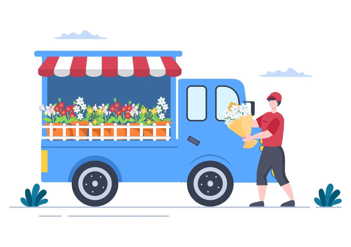 Blumenlieferservice Online-Geschäft mit Kurier, der einen Blumenstrauß hält, bestellen Sie einen Blumenstrauß mit Lastwagen, Autos oder Motorrädern. Hintergrund-Vektor-Illustration vektor