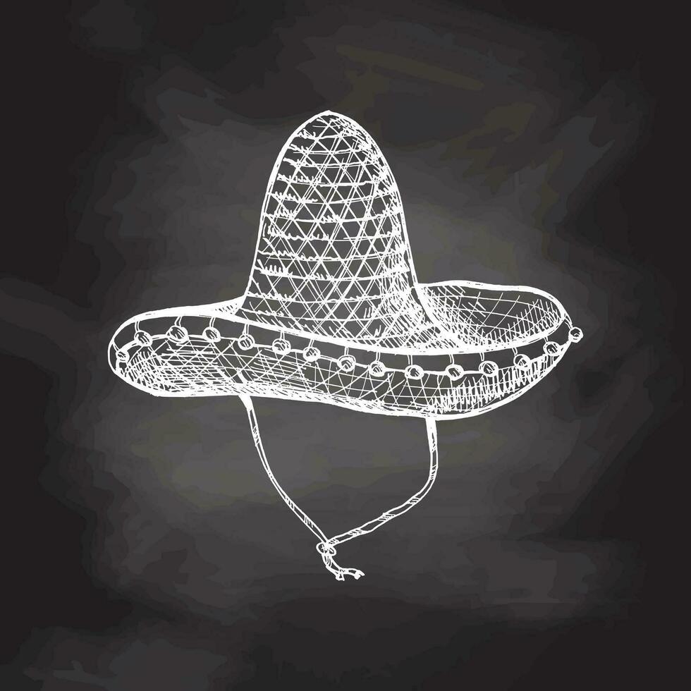 ritad för hand sombrero skiss. årgång teckning av hatt på svarta tavlan bakgrund. vektor svart bläck översikt illustration. mexikansk kultur, kläder, latin amerika.