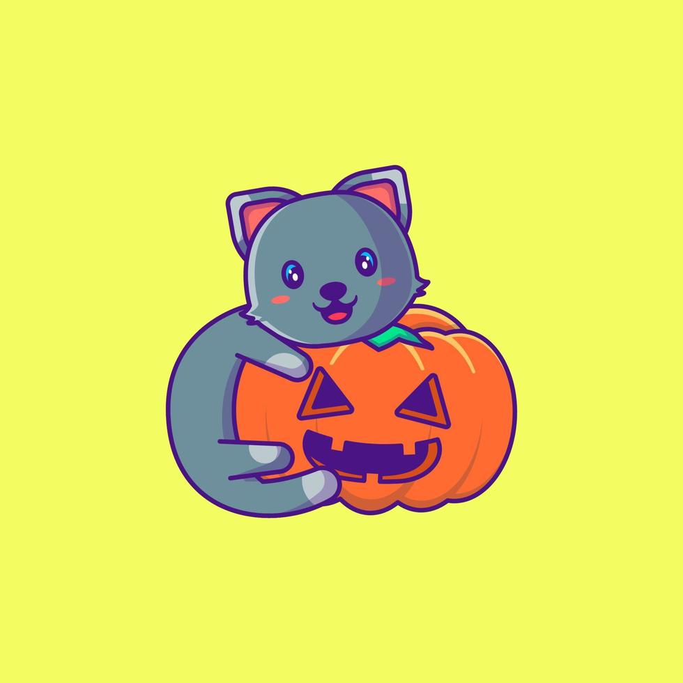 söt katt med pumpa glada halloween tecknade illustrationer vektor