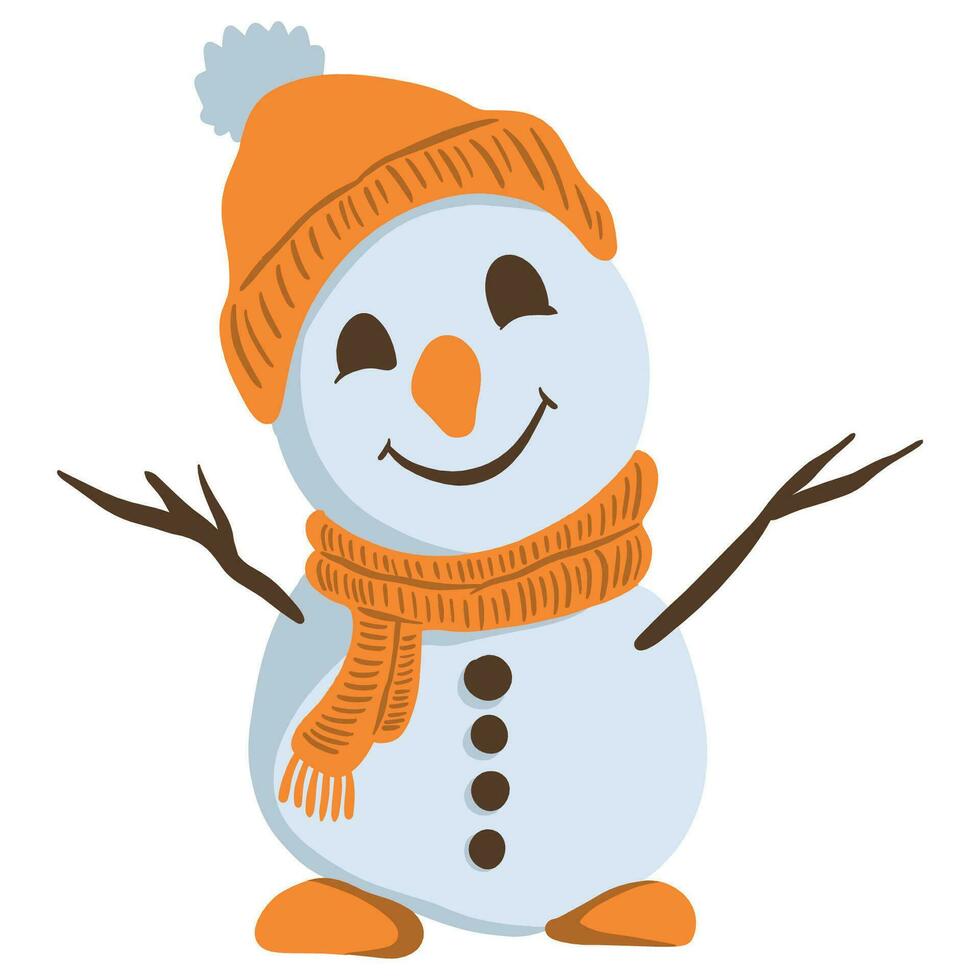 ein Karikatur Schneemann tragen ein Hut und Schal vektor