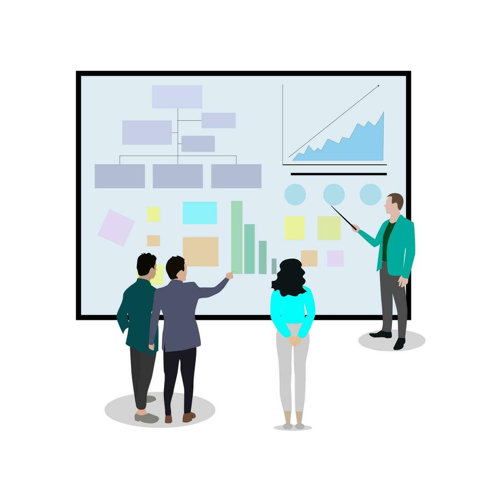 Geschäft Präsentation und Mannschaft treffen, abstrakt eben Stil. korporativ Zusammenarbeit Diskussion, Kommunikation Geschäft Partner Über Neu Projekt. Vektor Illustration