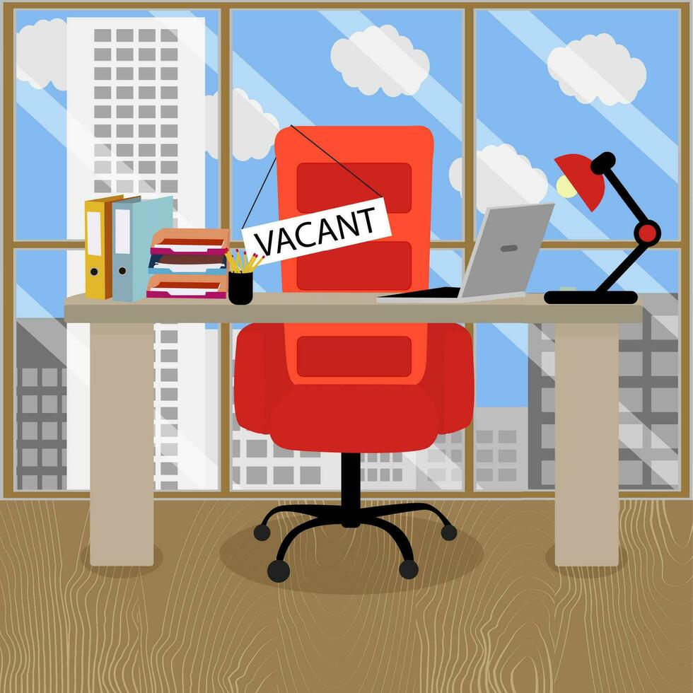 benötigen Mitarbeiter zum vakant Sitz. leeren Büro Stuhl im Komfort Kabinett mit Tisch. Büro Zimmer mit Innere. Vektor Illustration