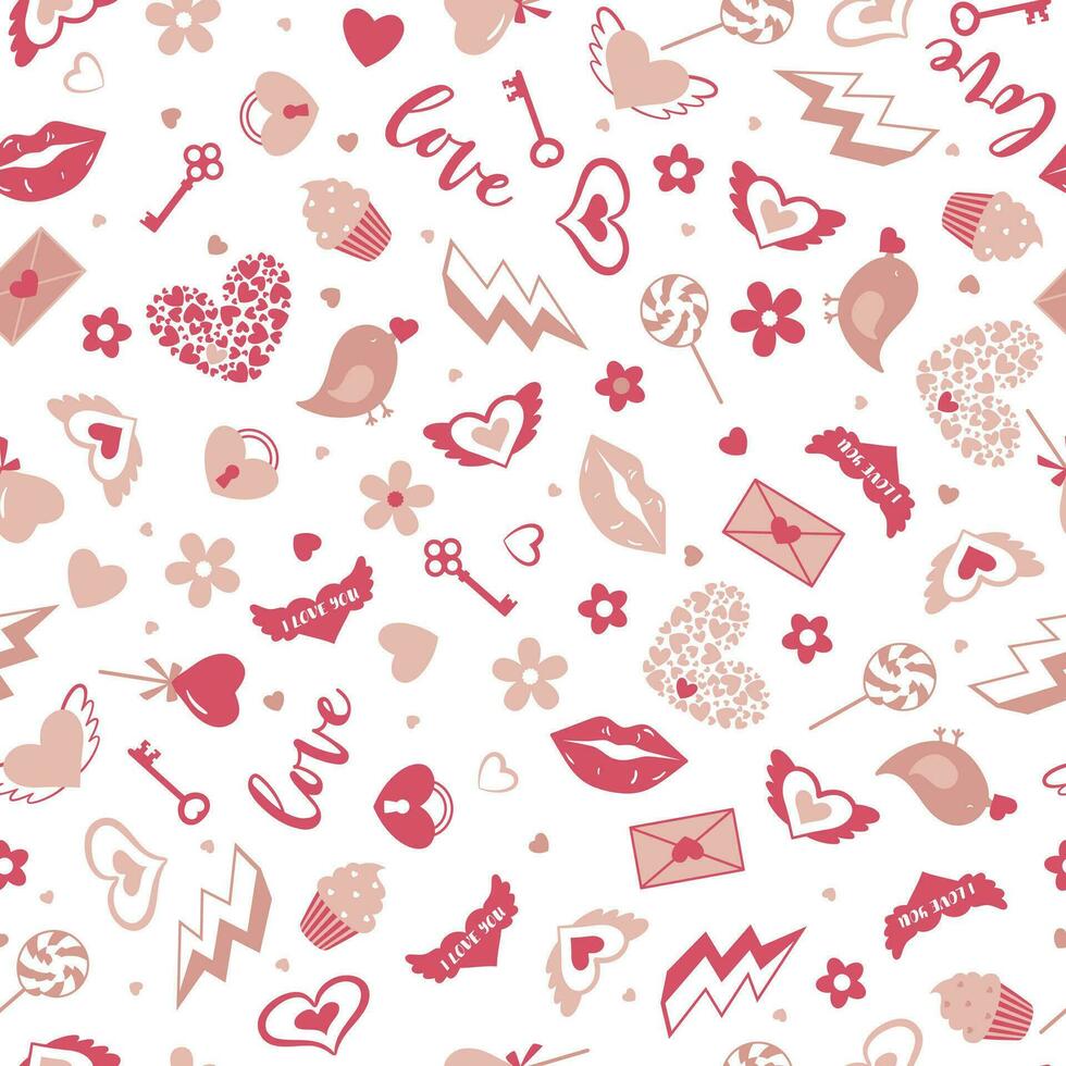valentines sömlös mönster. söt romantisk hjärtan, fågel, blommor, sötsaker, mun vektor
