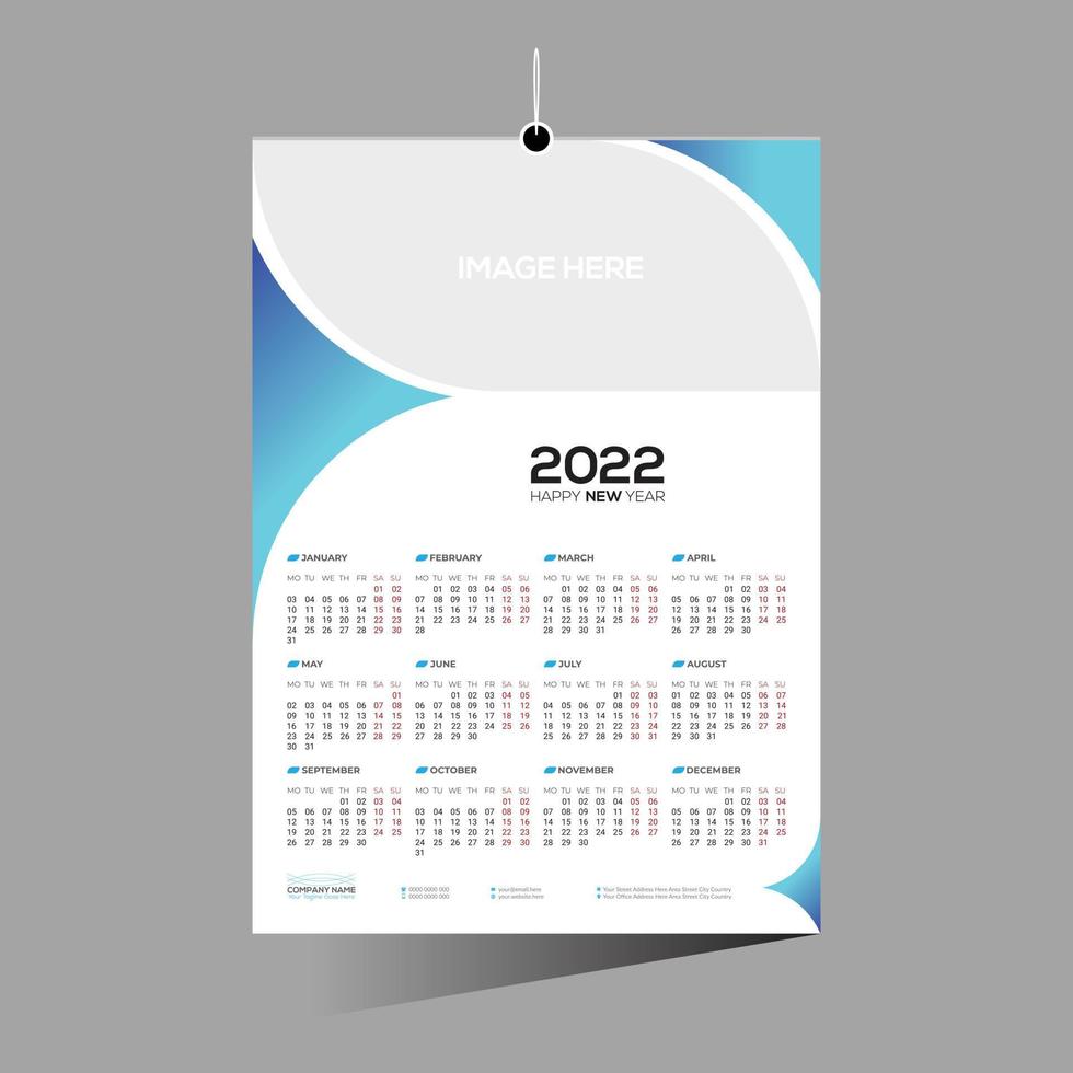 cyanfarbener 12-Monats-Wandkalender 2022 vektor