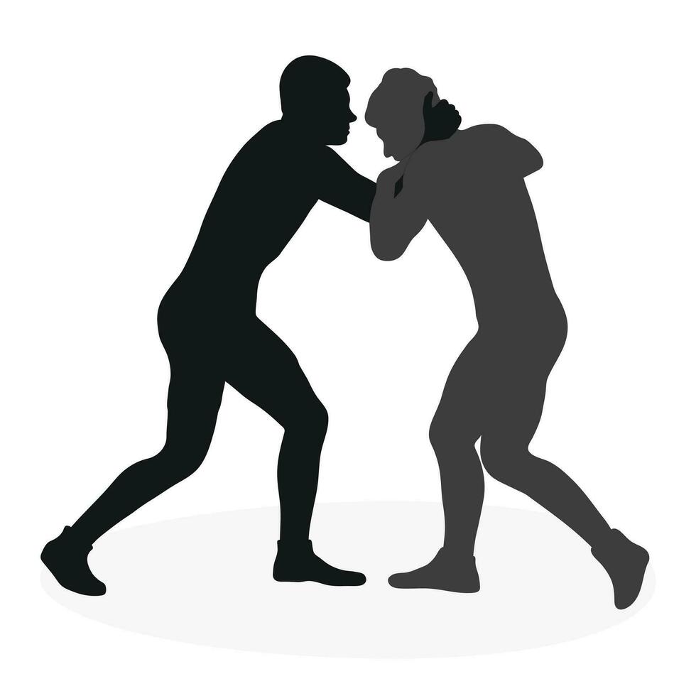 silhuetter människor stridande, mma fighters. greco roman brottning, bekämpa, bekämpande, kamp, brottas, duell, blandad krigisk konst, idrott vektor