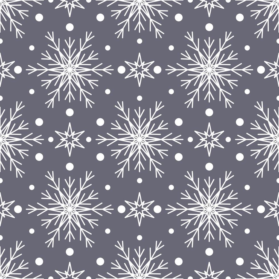 sömlöst mönster med vita snöflingor på grå bakgrund. festlig vinter traditionell dekoration för nyår, jul, helgdagar och design. prydnad av enkel linje upprepa snöflinga vektor