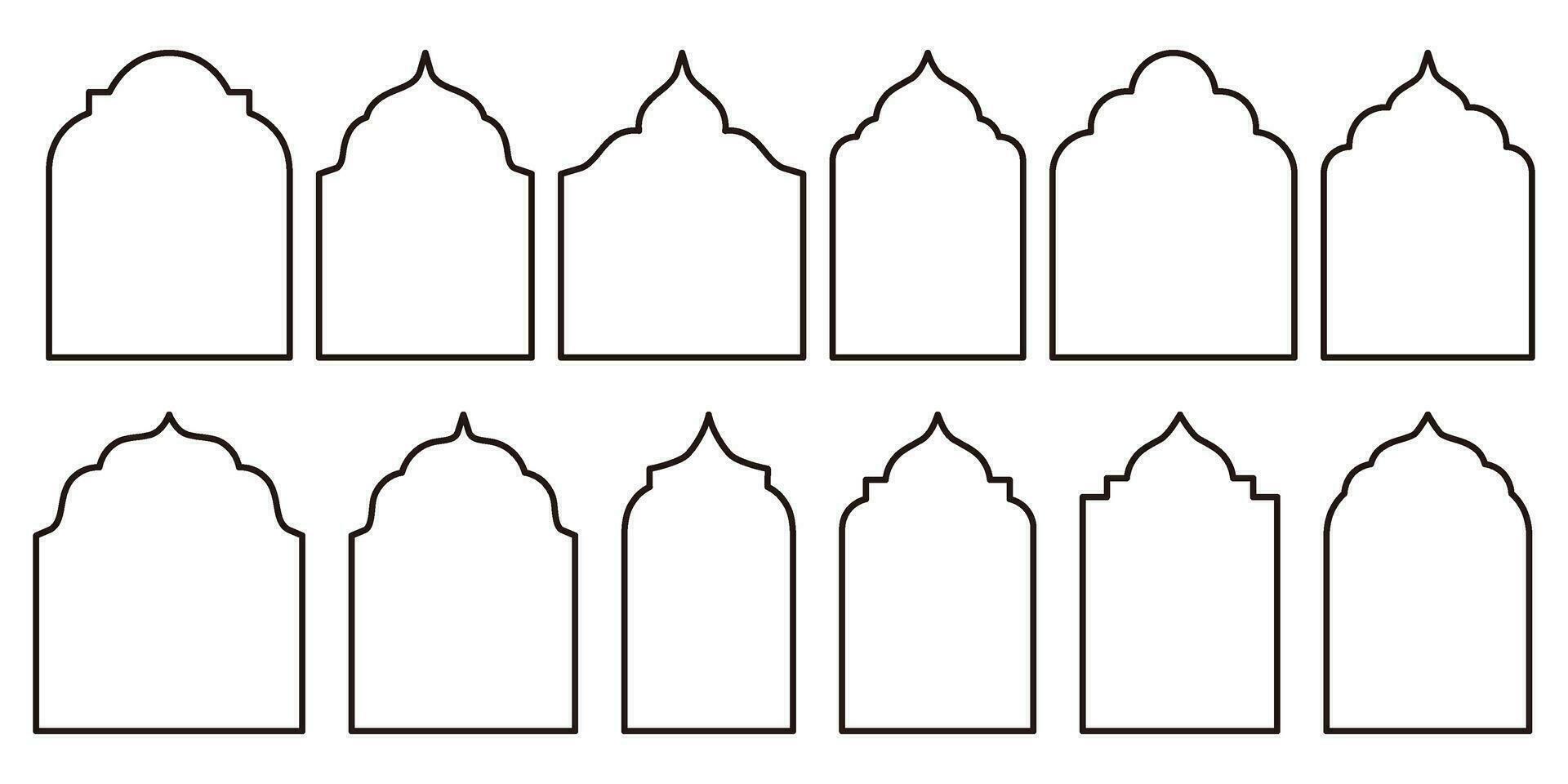 Sammlung von orientalisch Stil islamisch Ramadan kareem und eid Mubarak Fenster und Bögen. modern Design Elemente umfassen Türen, Moschee Kuppeln, und Laternen im Gliederung Stil. vektor