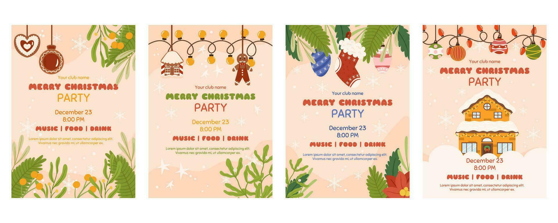 Weihnachten Poster Vorlage mit Kopieren Raum, Einladung zum Weihnachten Party. Vertikale Flyer dekoriert mit Fichte Pflanzen Geäst, Baum Spielzeuge, Licht Girlande, Lebkuchen Plätzchen und Haus vektor