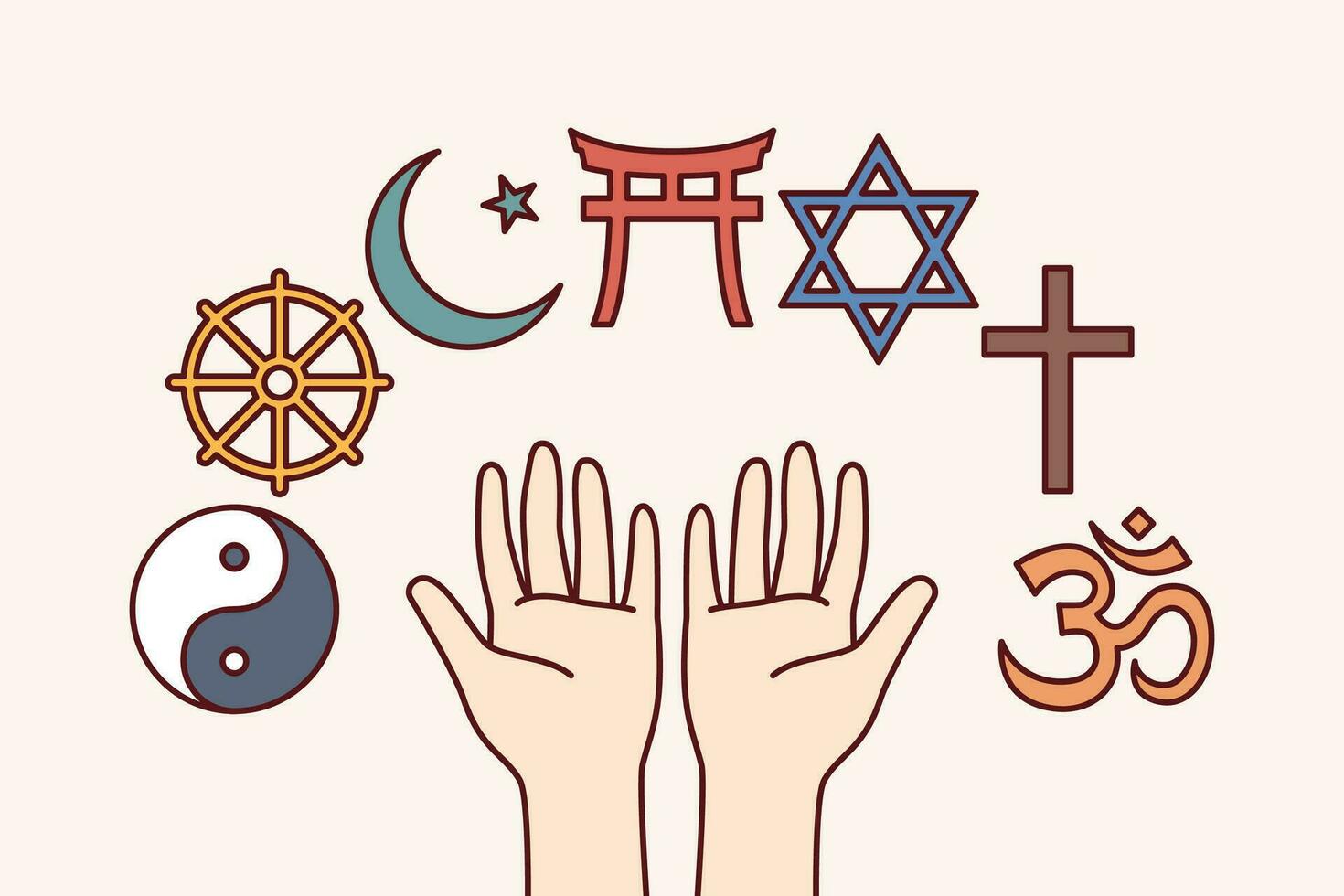 Symbole von Religionen und Geständnisse in der Nähe von Hände von Person wählen Beste Religion zum Anbetung oder studieren Klerus. islamisch und Christian Religion Symbol in der Nähe von Buddhismus und Judentum unterzeichnen. vektor