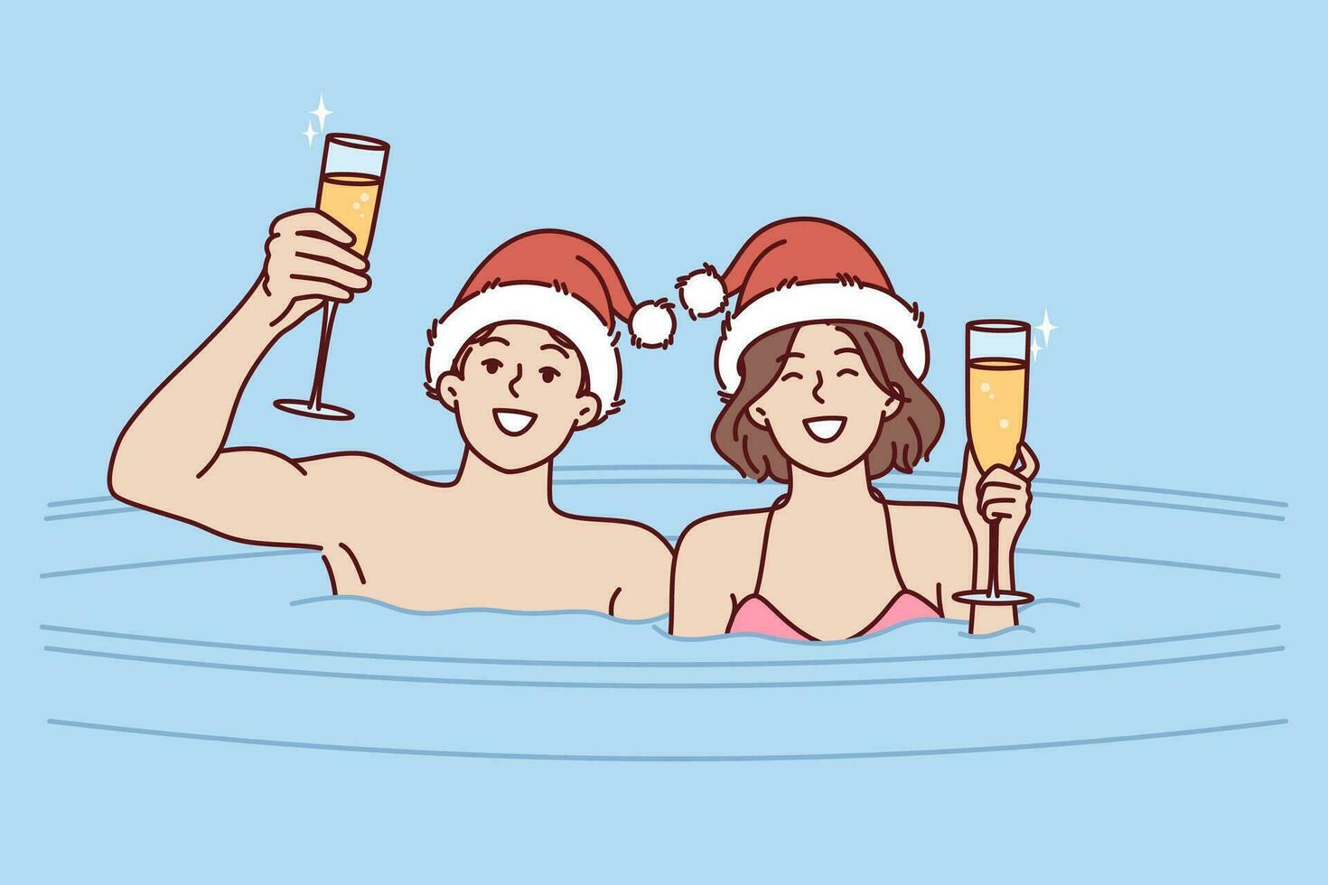 Paar Getränke Champagner Sitzung im heiß Wanne auf Weihnachten Vorabend und genießen romantisch Rahmen und festlich Stimmung. heiter Mann und Frau feiern Neu Jahr oder Weihnachten im draussen heiß Wasser Schriftart vektor