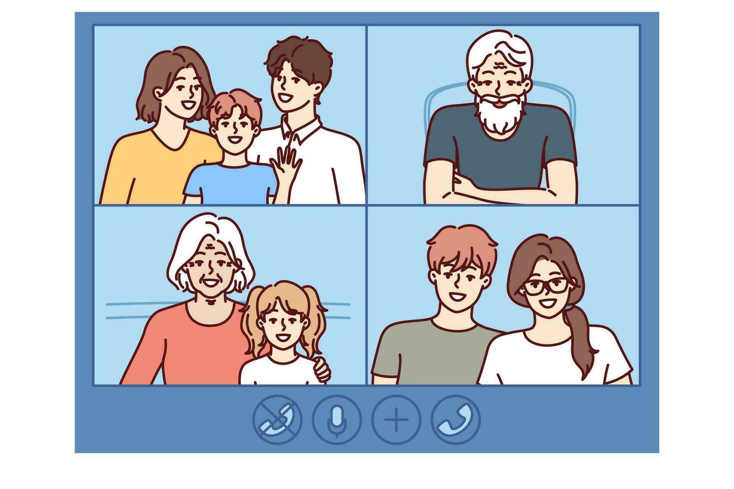 Video Anruf von groß Familie mit Menschen von anders Generationen, zum Kommunikation oder Herzliche Glückwünsche von geliebt Einsen auf Feiertage. Anwendung oder Software Schnittstelle zum Internet Video Anruf vektor