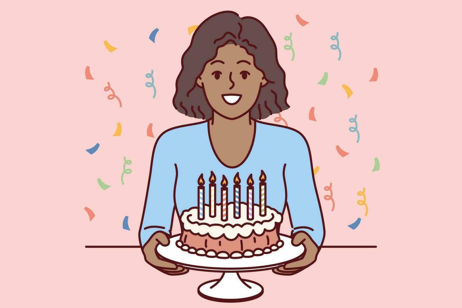 Teenager Mädchen mit Geburtstag Kuchen im Hände steht unter Canfeti und lächelt, Angebot zu feiern Urlaub Party. afrikanisch amerikanisch Kind halten Geburtstag Kuchen mit heiß Kerzen und suchen beim Bildschirm vektor