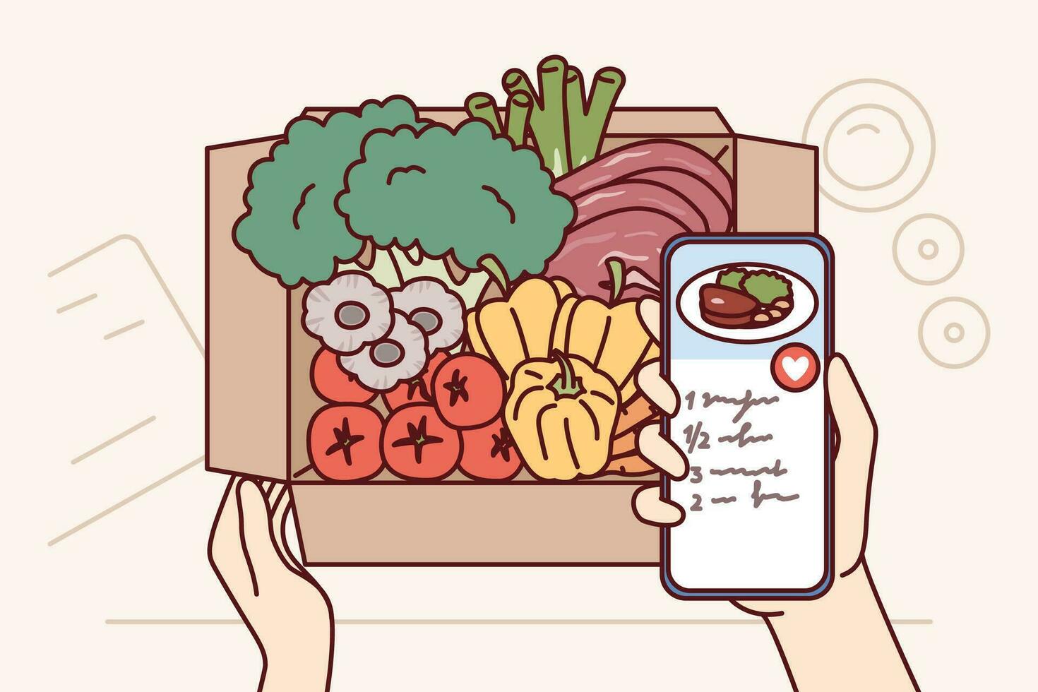 Box mit frisch Gemüse in der Nähe von Handy, Mobiltelefon Telefon mit Anwendung mit gesund Salat Rezepte zum Vegetarier. organisch Gemüse geliefert von Bauernhof Geschäft zum Gesundheit und Diät bewusst Menschen vektor