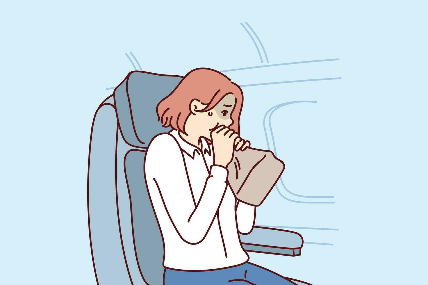 kvinna passagerare av flygplan lider från aerofobi och andas in i papper väska, Sammanträde i trafikflygplan nära hyttventil. flicka klient av flygbolag är betonade på grund av till aerofobi eller få in i turbulens zon vektor