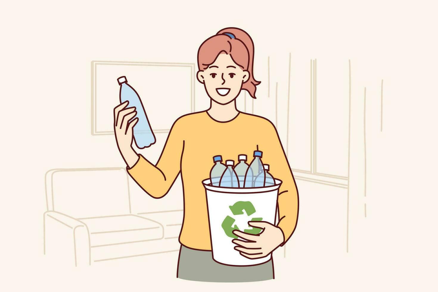Frau setzt Plastik Flaschen im Recycling Behälter zeigen Bewusstsein und Besorgnis, Sorge zum Umfeld. jung Mädchen mit Lächeln und hält Plastik Container erstellt von recycelt Abfall und Haushalt Abfall vektor