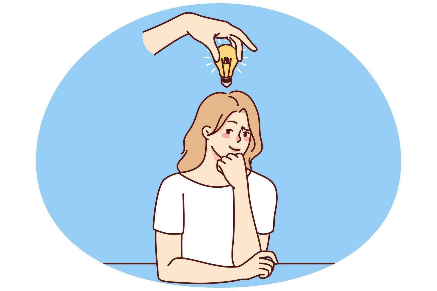 frustrerad kvinna med glödlampa ovan huvud tänkande framställning lösning. förbrukad fundersam affärskvinna generera kreativ innovativ aning. vektor illustration.