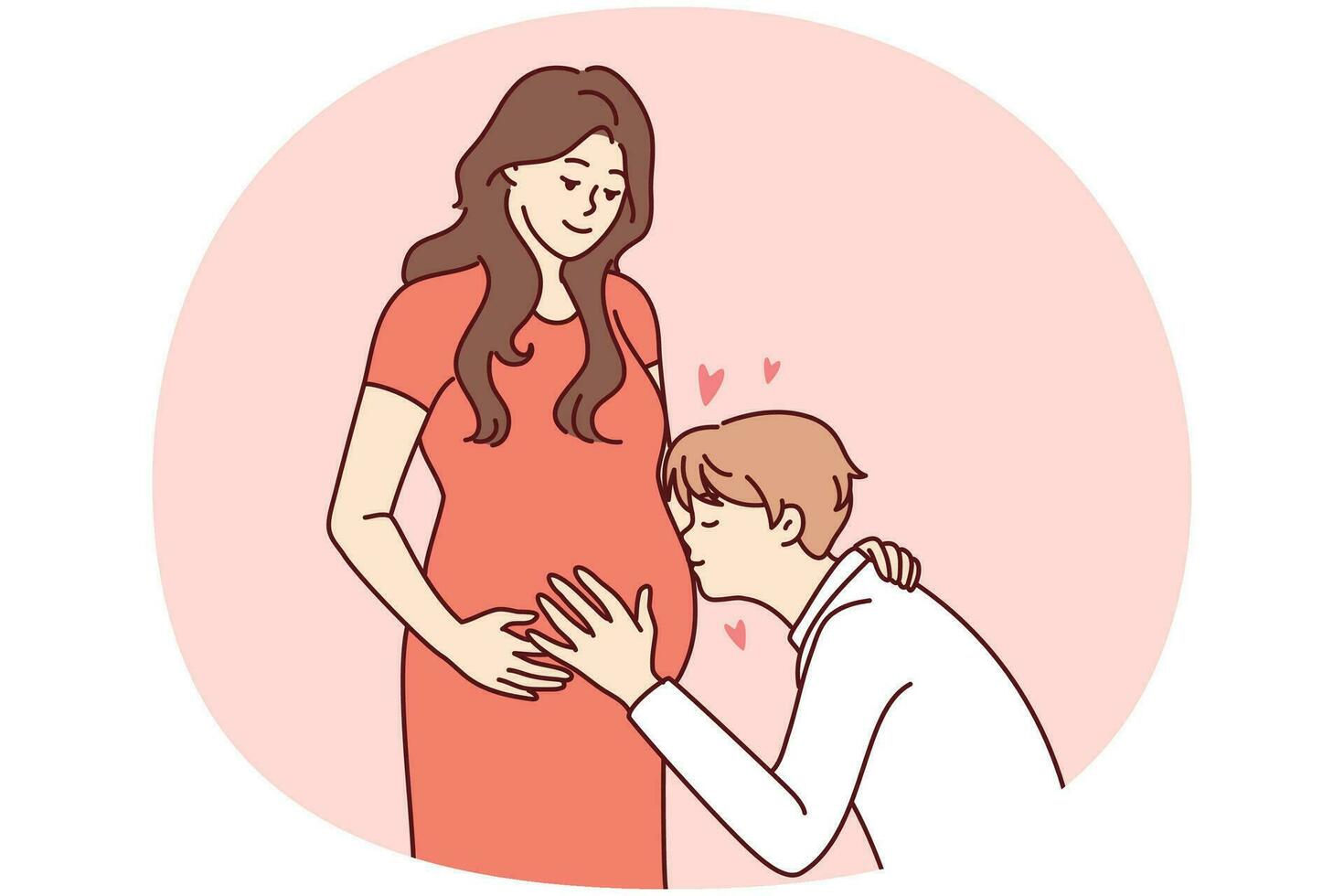 glücklicher junger Mann küsst den Bauch der schwangeren Frau aufgeregt über die Elternschaft. lächelnder zukünftiger Vater umarmt Ehefrau. Schwangerschaft und Elternschaft. Vektor-Illustration. vektor