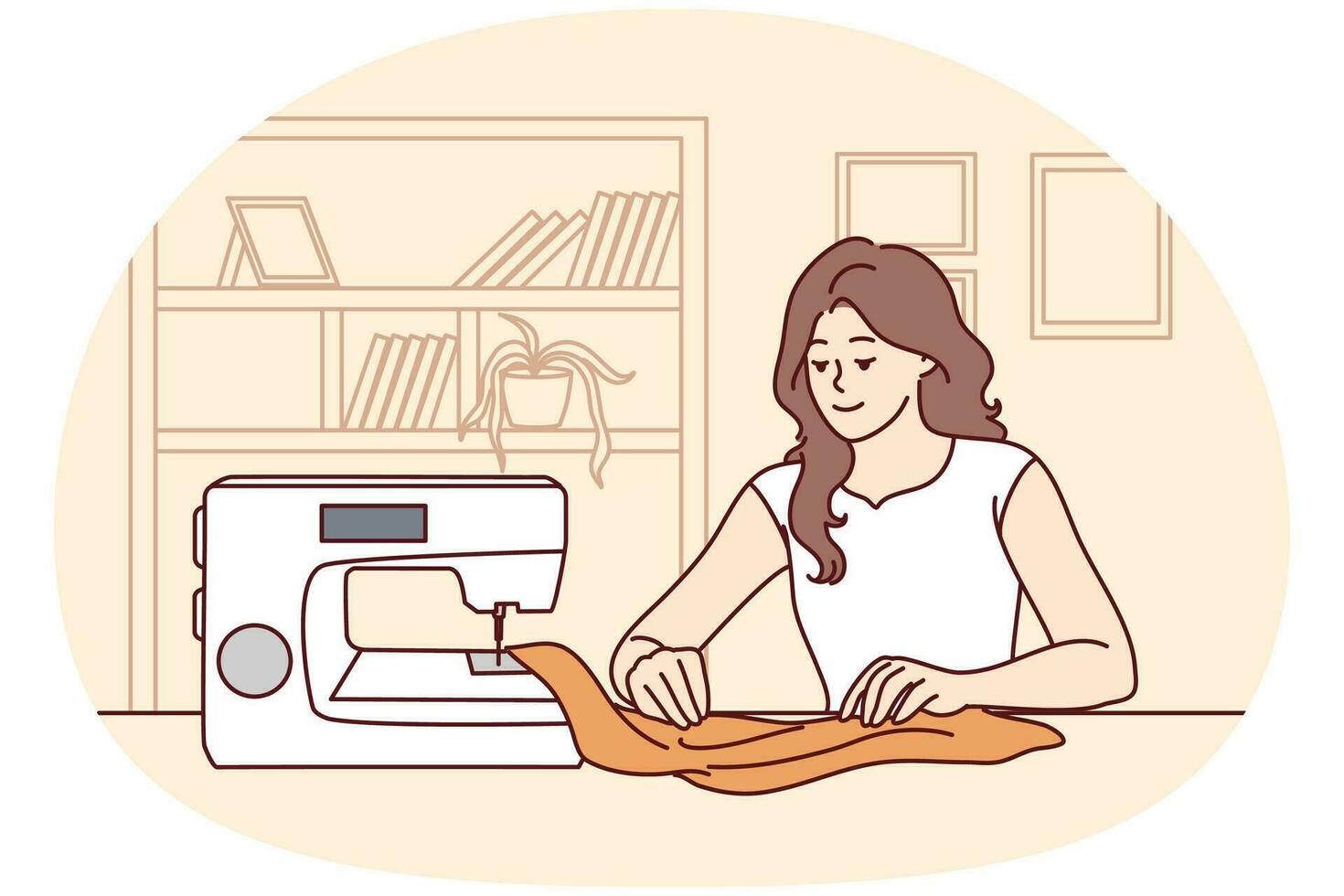 Lycklig ung kvinna sitta på tabell sy på maskin på Hem. leende kvinna sömmerska eller sömmerska arbetssätt skapande kläder. hobby begrepp. vektor illustration.