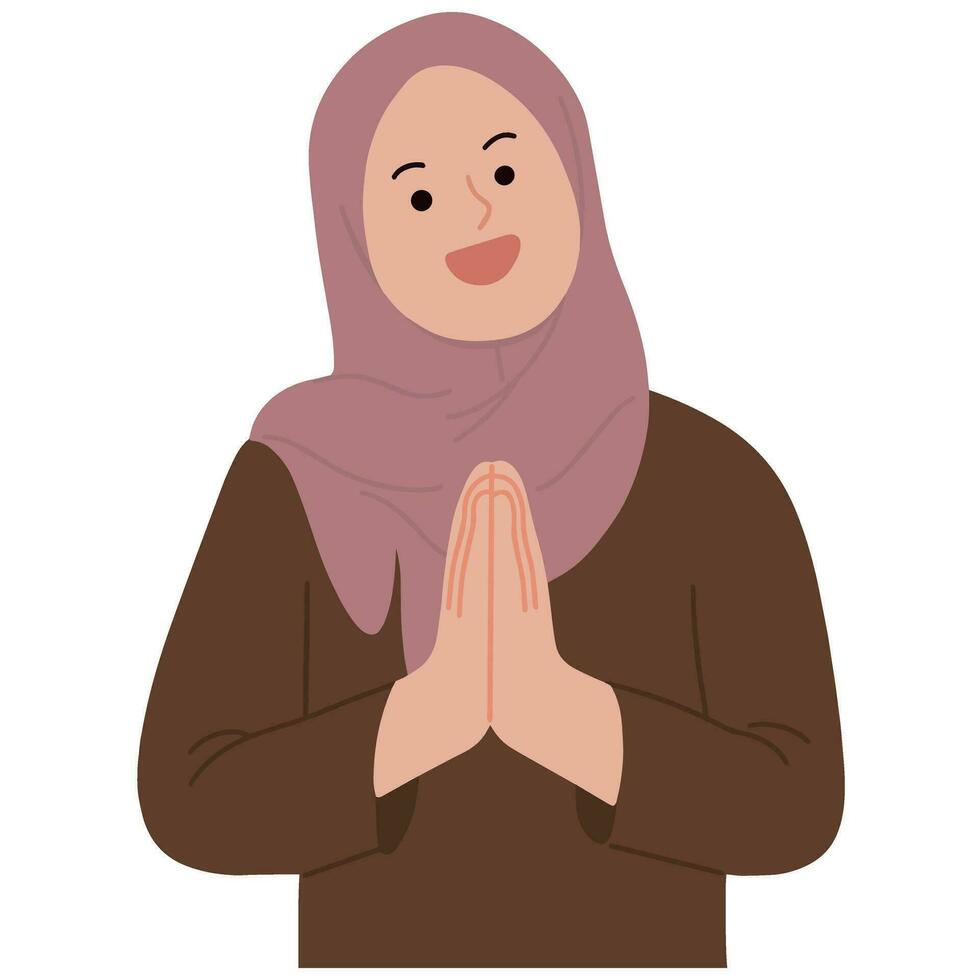Vektor Hijab Frau Moslem gestikulieren Es tut uns leid Ramadan höflich eid fitr Illustration