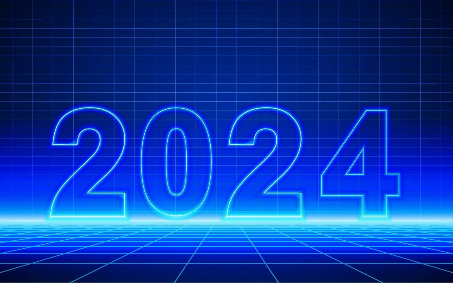 2024 Nummer Neon- Licht Gliederung auf futuristisch technologisch Gitter Hintergrund. Digital Cyber Raum Szene Design, Cyberpunk Technologie, virtuell Wirklichkeit, Wissenschaft Fiktion Matrix Hintergrund vektor