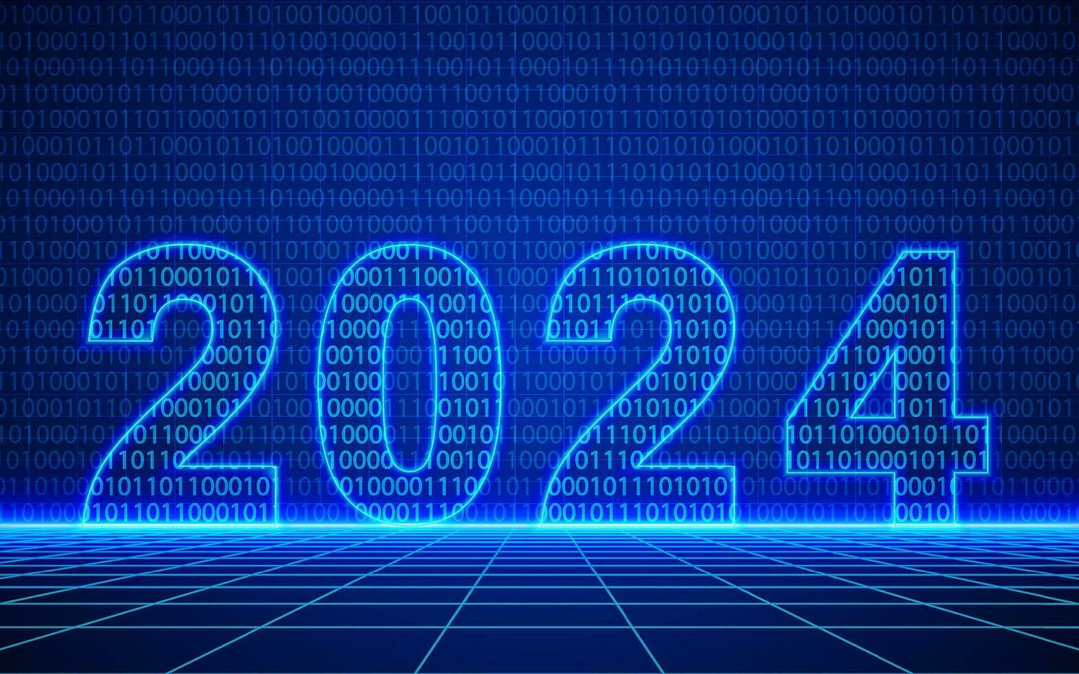 2024 siffra och binär koda med neon översikt scen på trogen teknologisk rutnät bakgrund. digital cyber Plats design, cyberpunk teknologi, virtuell verklighet, vetenskap fiktion matris bakgrund vektor