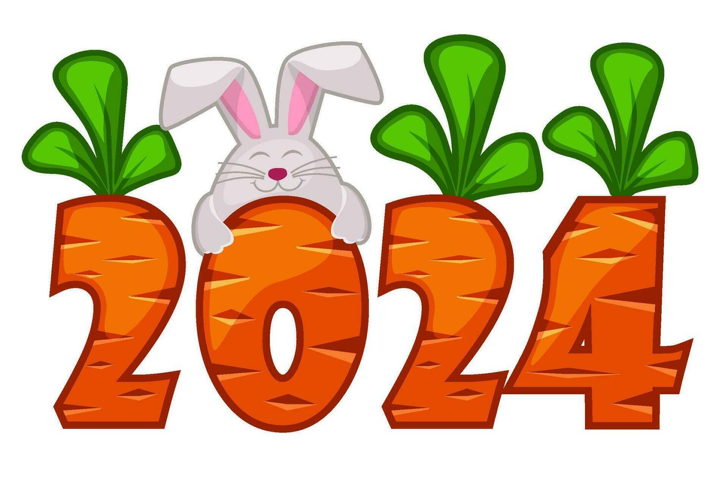 Karotte Nummer 2024 und Hase zum Gruß Karte. Ostern s Postkarte. vektor