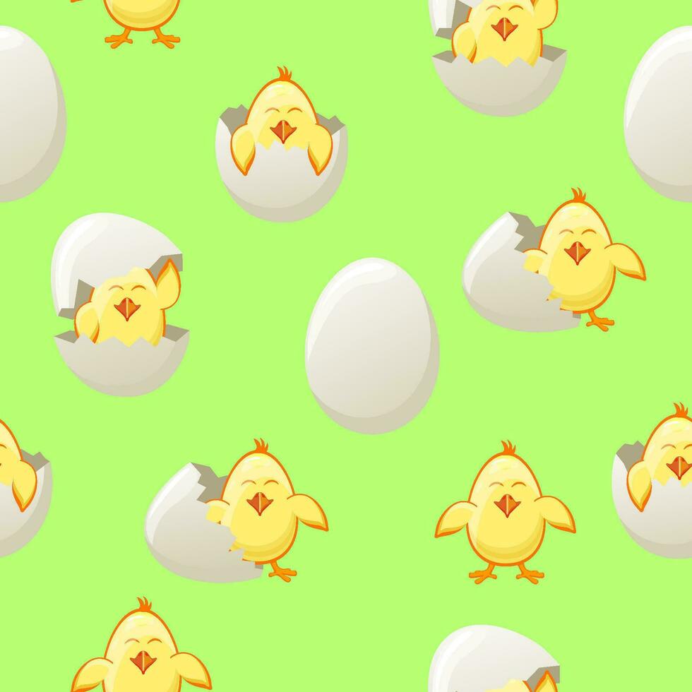 sömlös mönster med påsk ägg och kycklingar på grön bakgrund vektor