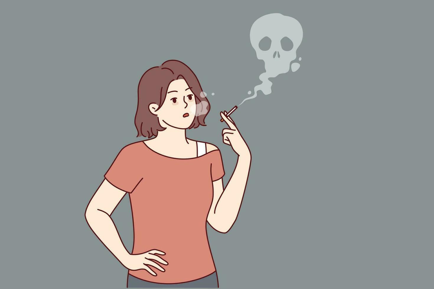 Rauchen Frau mit Zigarette im Hand steht in der Nähe von Schädel gemacht Rauch, symbolisieren Tod von Nikotin. Rauchen Mädchen Verwendet Tabak und ist beim Risiko von bekommen Krebs fällig zu Sucht und schädlich Lebensstil vektor