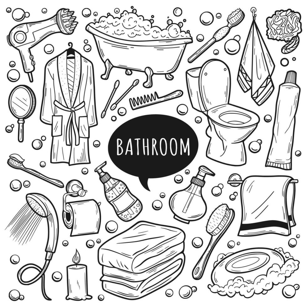 Hand gezeichnet Gekritzel Badezimmer Symbole Satz. Vektor Illustration Zuhause Bad Symbole Sammlung. Linie Kunst Elemente auf Weiß Hintergrund. Gekritzel skizzieren Toilette, Dusche, Badewanne, Toilette, Handtuch, Kleid