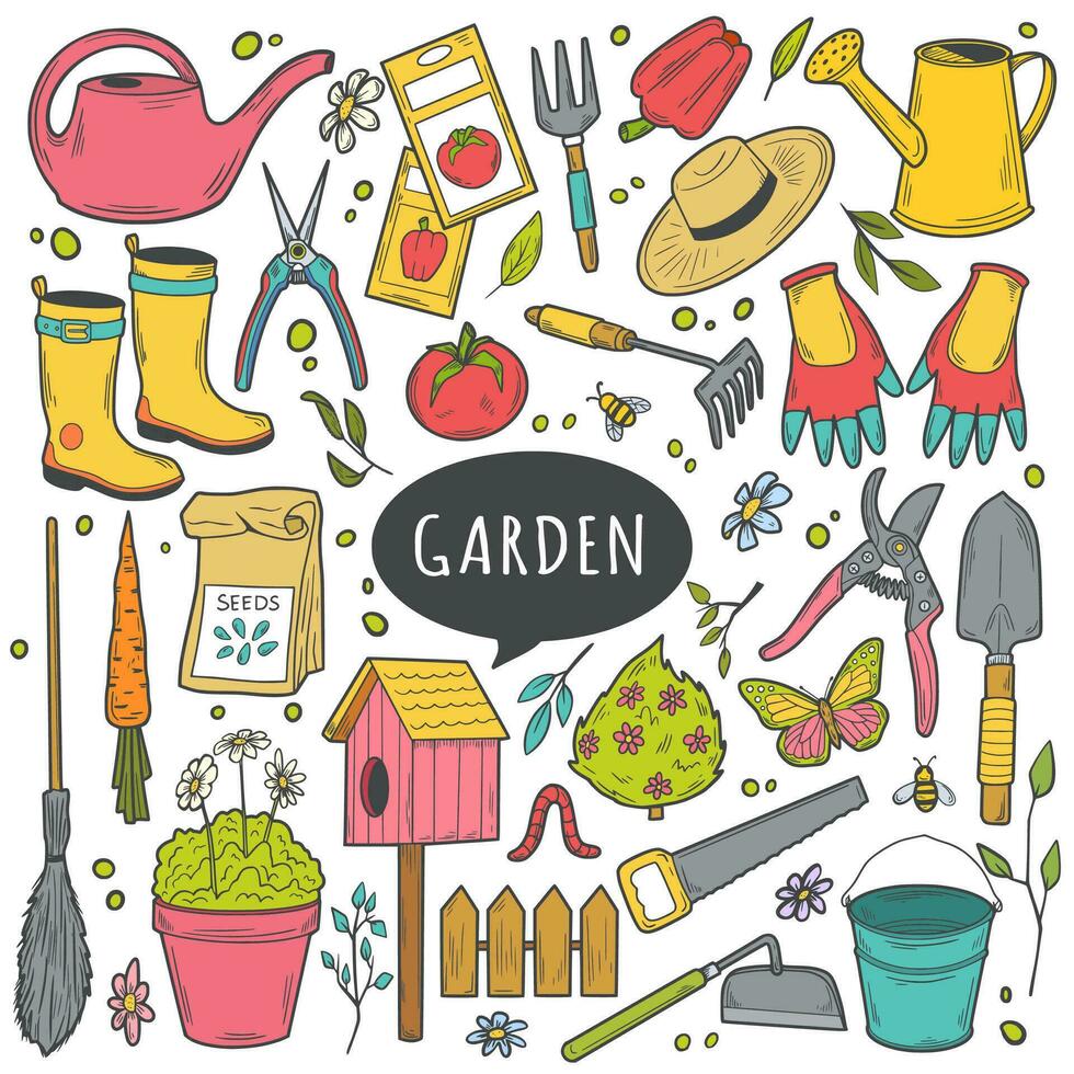 trädgård verktyg klotter Färg uppsättning. översikt vektor illustration, trädgårdsarbete och hortikultur. Hem lantbruk Utrustning.