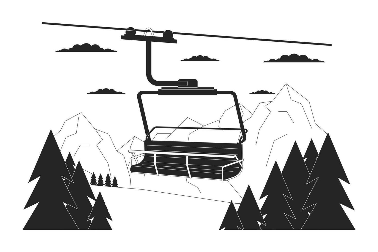 Ski Aufzug Stuhl im Wald Berge schwarz und Weiß Karikatur eben Illustration. Sessellift beim Ski Resort 2d lineart Landschaft isoliert. Aufzug Seilbahn Wald einfarbig Szene Vektor Gliederung Bild