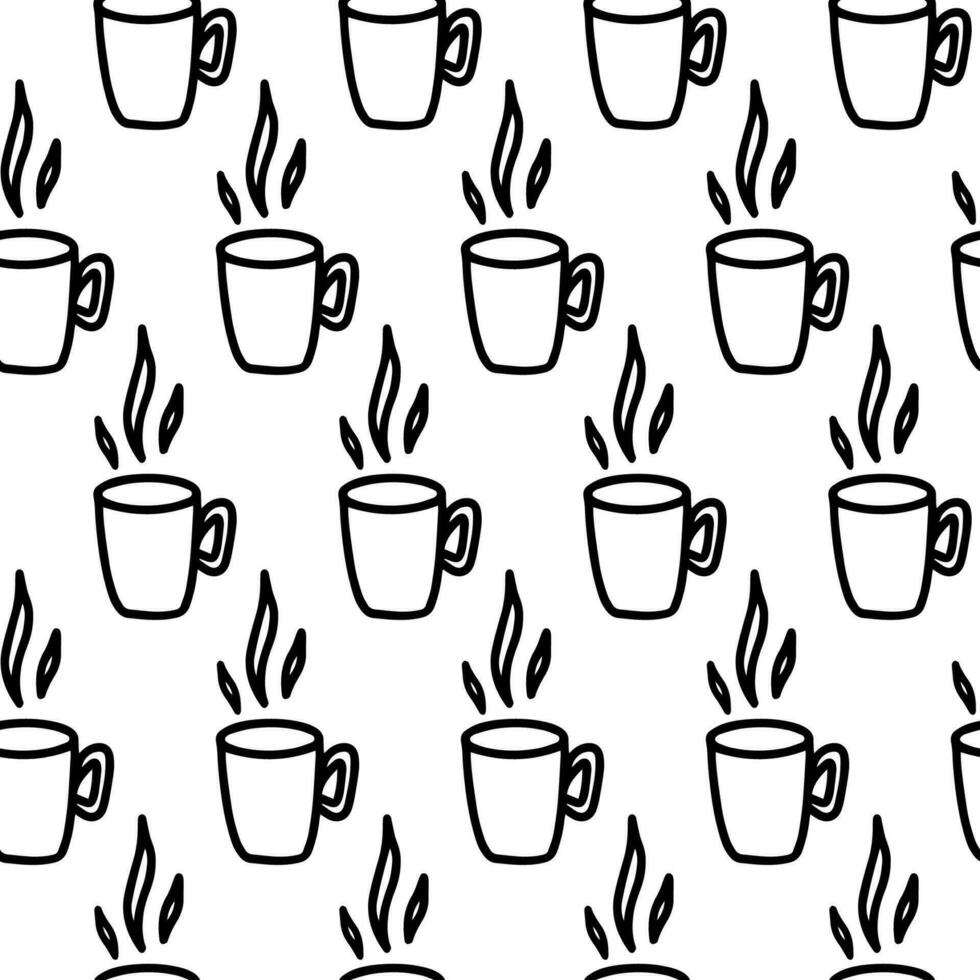 hand dragen sömlös mönster med kopp av kaffe, choklad, kakao, americano eller cappuccino. klotter råna isolerat på vit bakgrund. vuxna och barn färg sida, färg bok, design för Kafé vektor